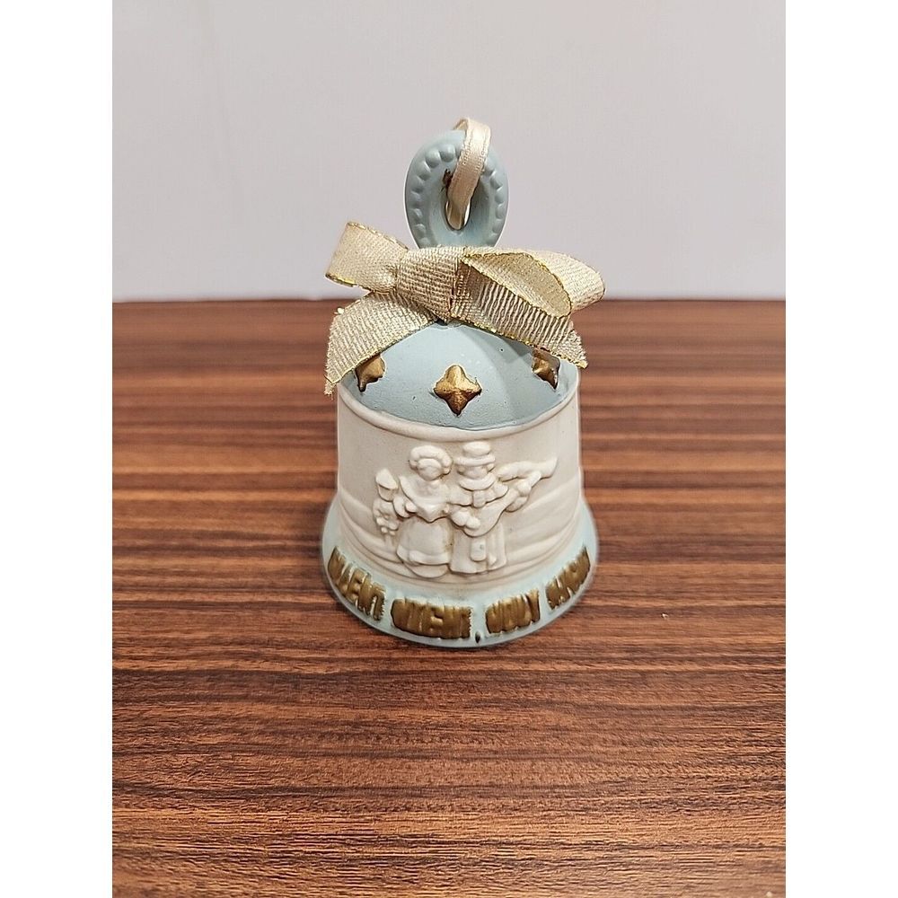Blue Russ Berrie Christmas Tree Bell Silent Night Ceramic Ornament 15110 Vintage